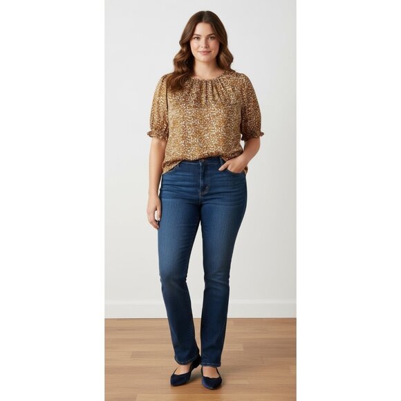 Ava & Viv Plus Size 2X Top Brown White Cotton Abstract Print Puff Sleeve Blouse - Picture 1 of 9